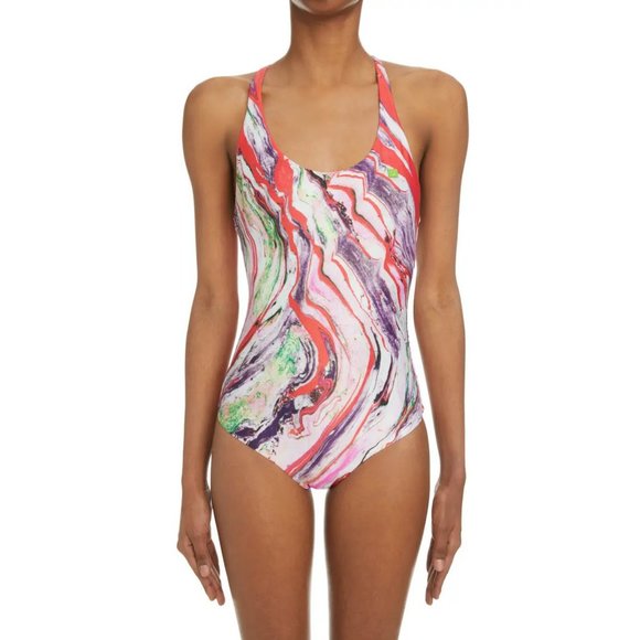 ACNE STUDIOS Witala Face Marble Print One-Piece Swimsuit Sz S - Picture 1 of 14